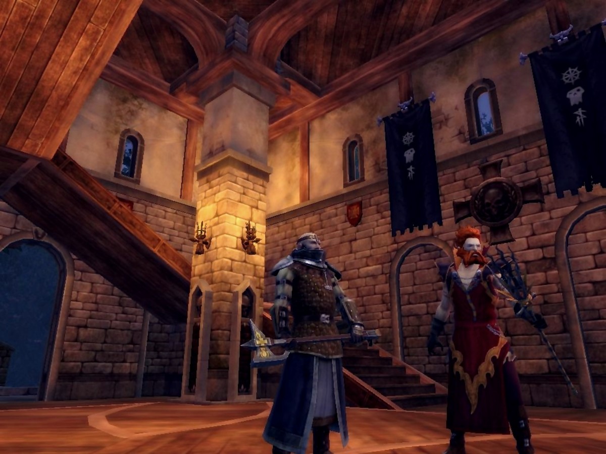 Return Of Reckoning Server; Warrior Priest and Bright Wizard guarding a keep.
