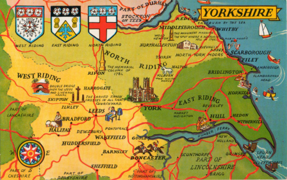 The Yorkshire Ridings - the map shows the main towns in each riding as the county was until boundary changes in 1974 altered political boundaries - although strictly speaking historical boundaries should not have been affected