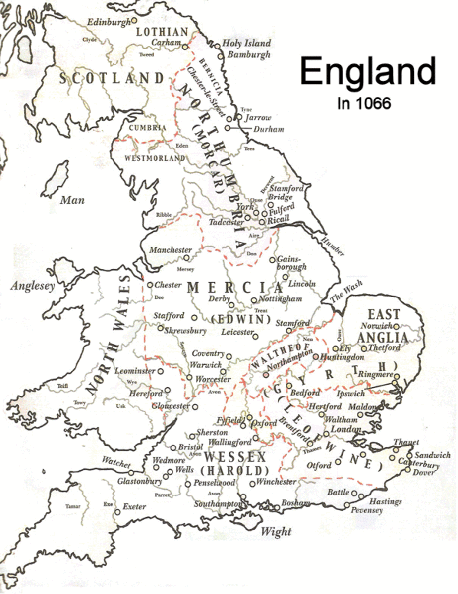 Map of England in 1066 shows the earls as being  Harold (king and earl of Wessex), Gyrth, Leofwin, Waltheof, Eadwin and Morkere. This would change drastically after Harold fell