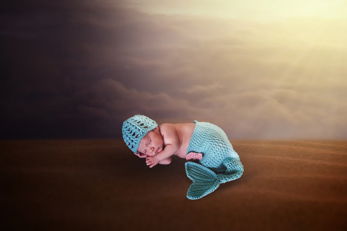 A mother's imagination created with a knitted garment that her son may be dreaming about being a merman.