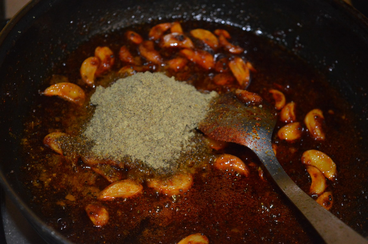 Add the ground spice mixture. Stir-cook for a minute. Turn off the stove.