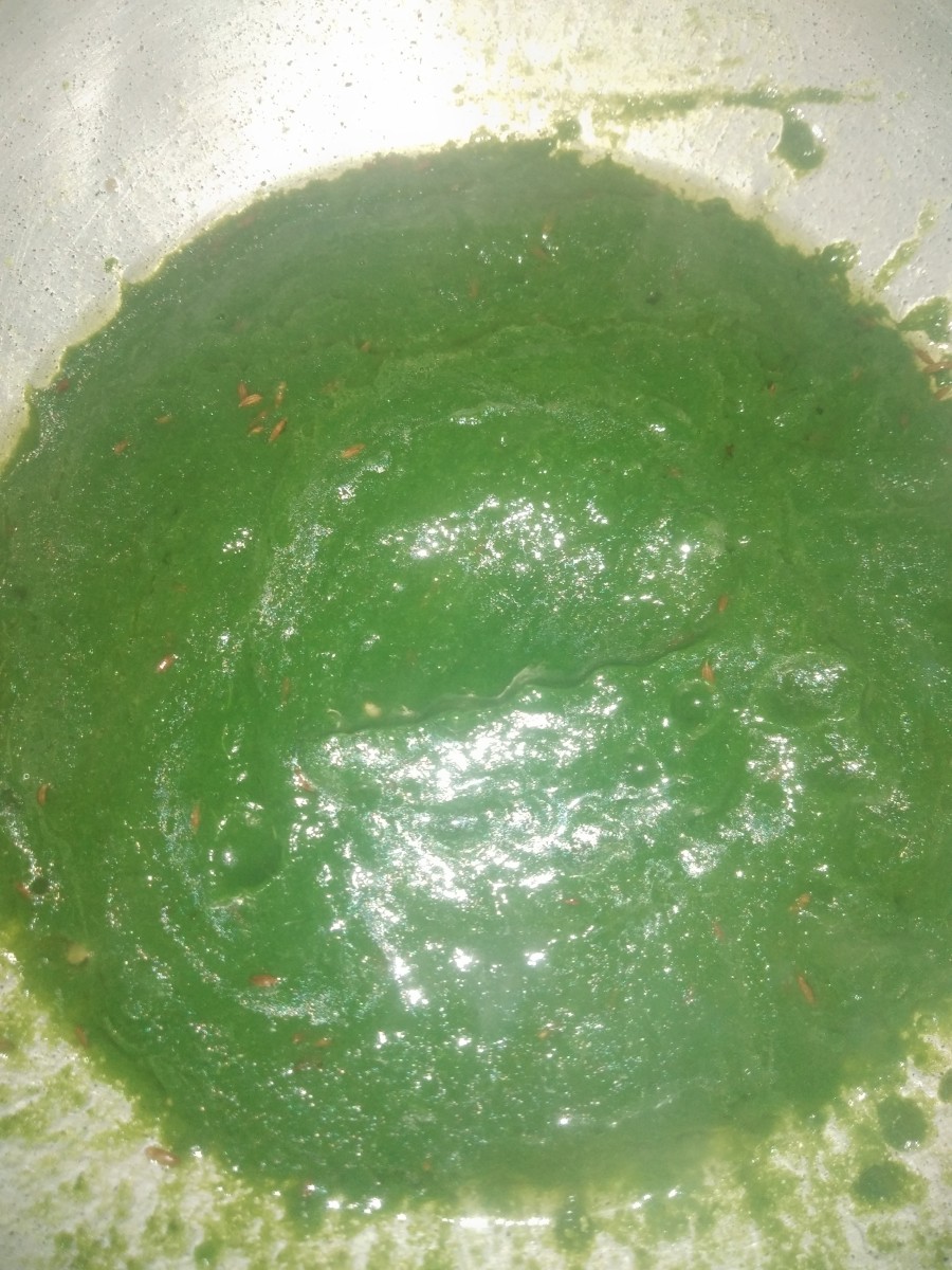 To this add palak puree and mix well. Add 1/2 cup of water, add salt, mix and cook for sometimes.