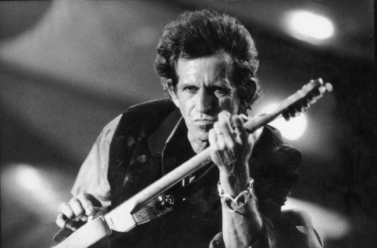 Keith Richards on stage looking a little bit vicious, and though it isn't absolutely certain from this angle, he appears to be playing one of his Telecasters. 