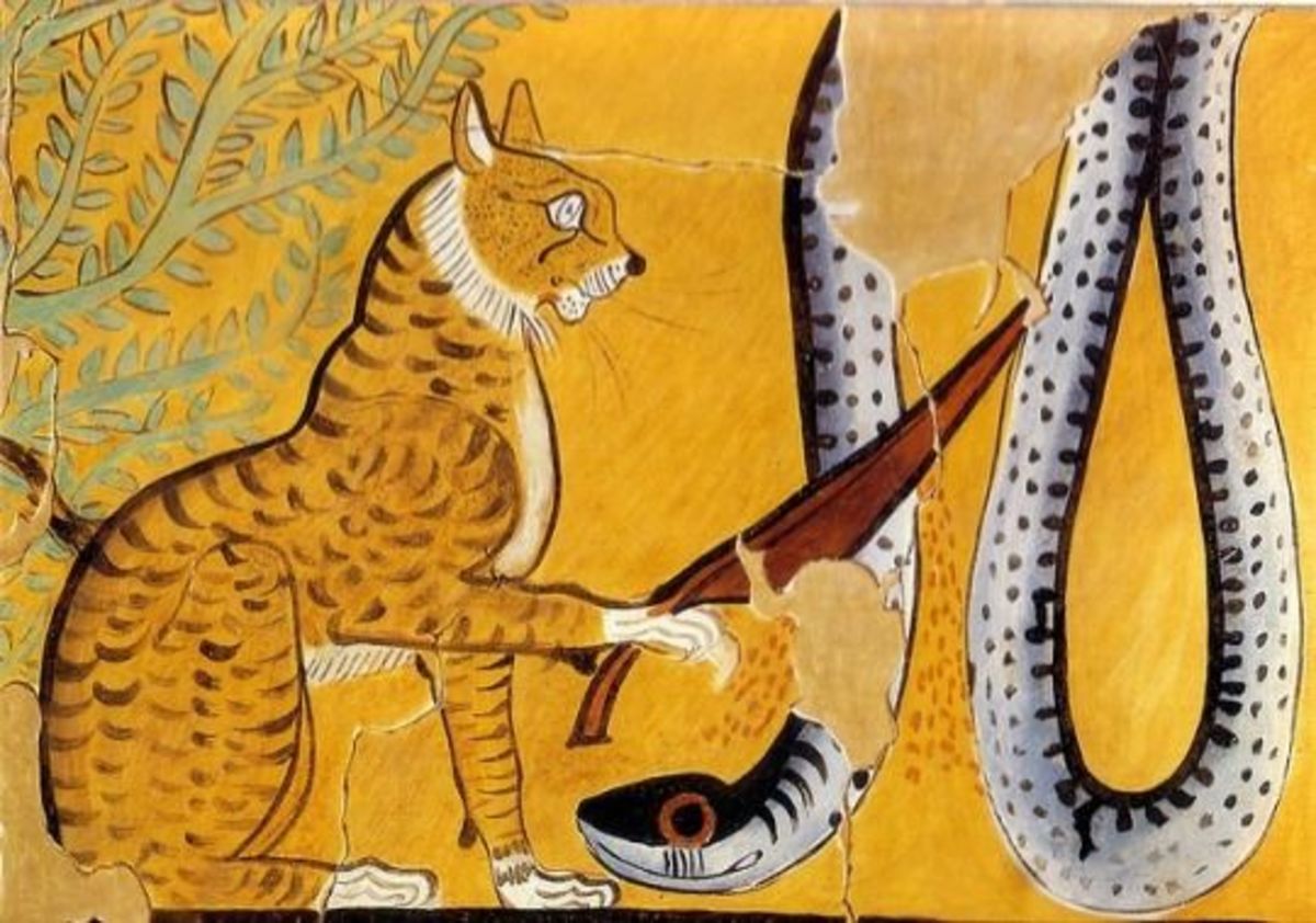A 2D drawing of Bastet the cat slaying Apep the serpent with a blade.