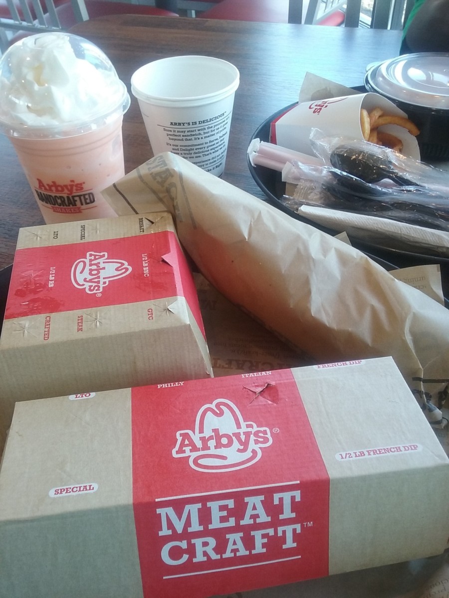 nicely packaged assorted food items from Arby's fast food restaurant 
