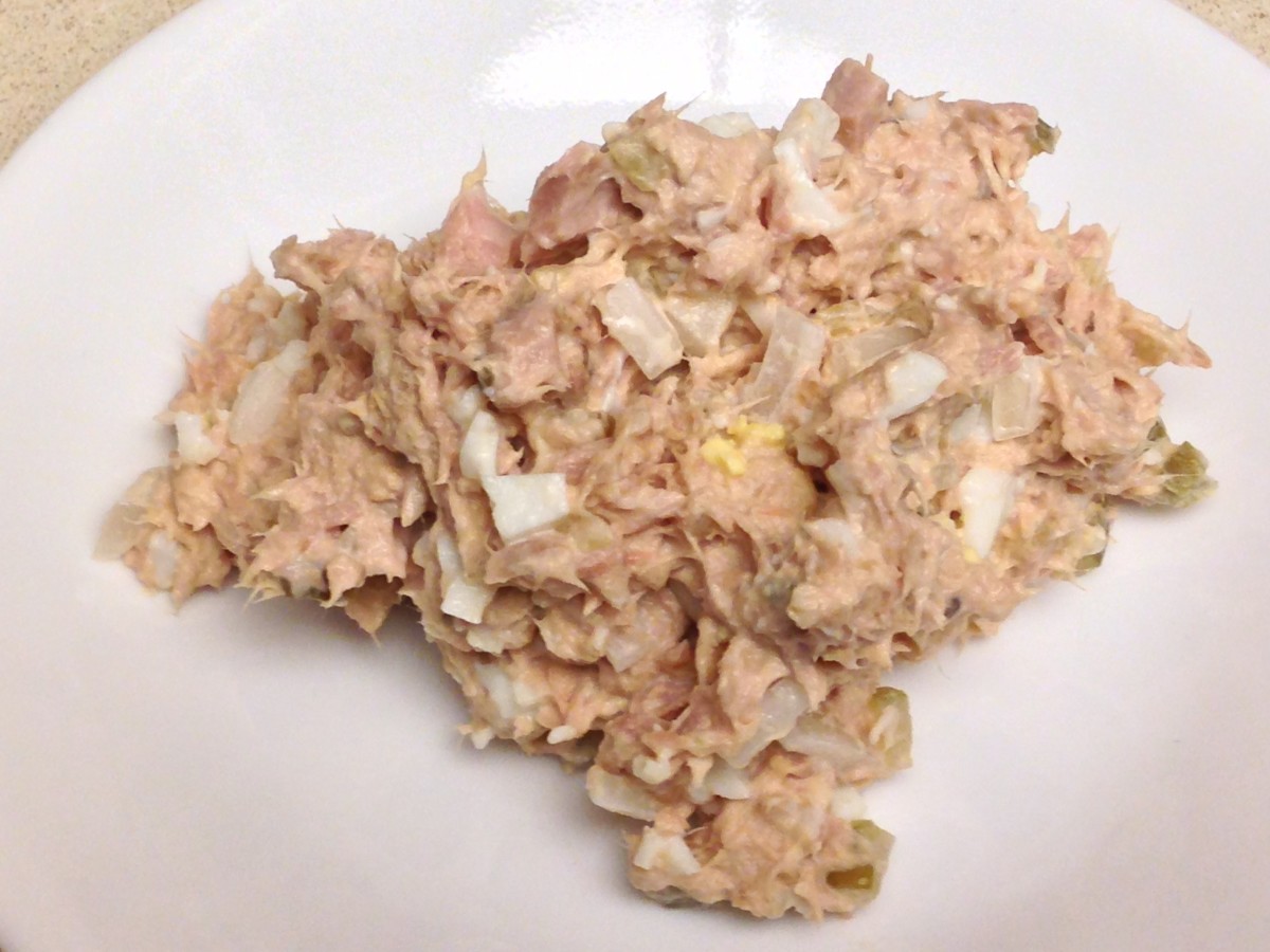 Homemade tuna salad with mayo, boiled egg, pickle relish, and chopped onion