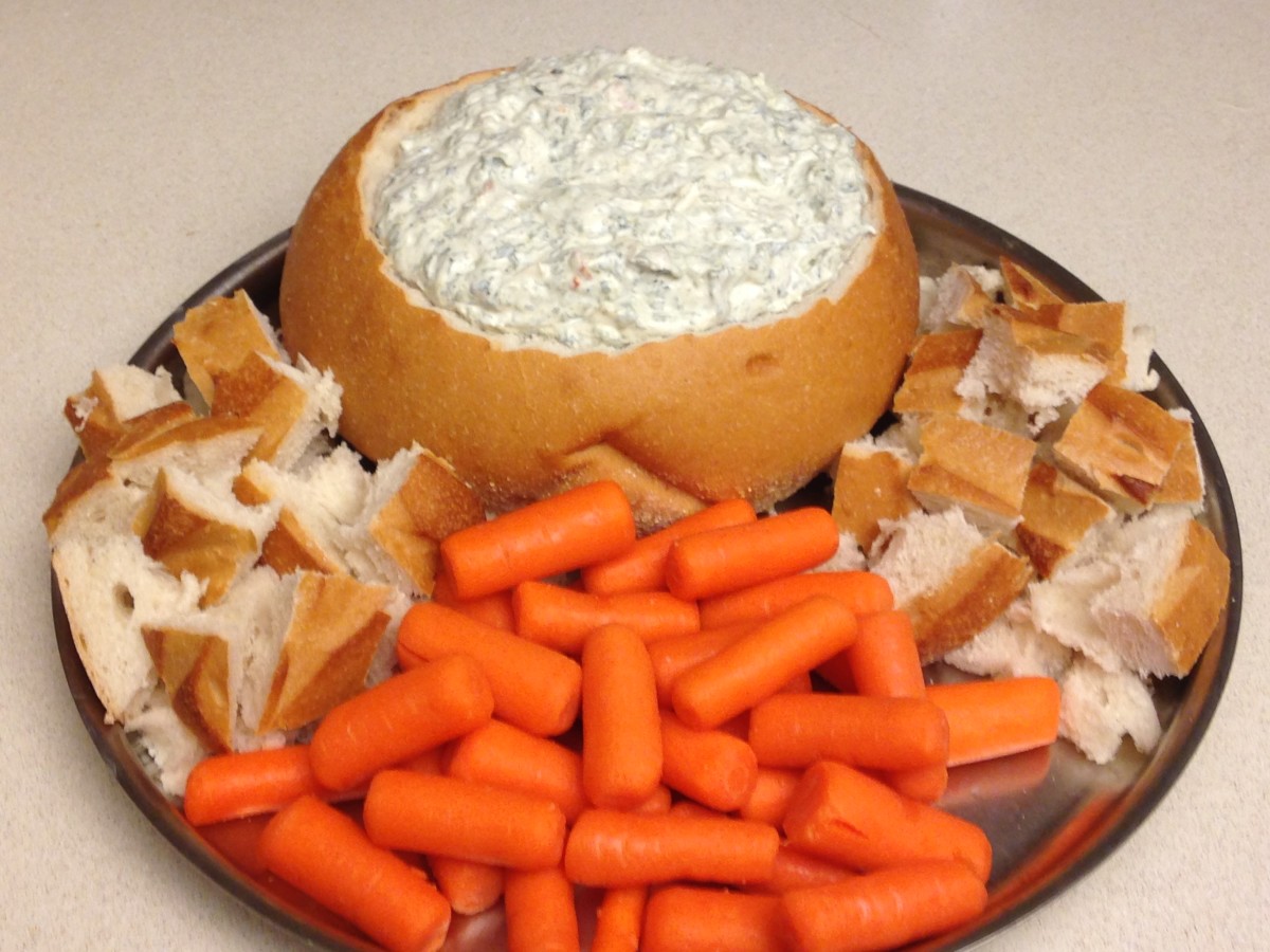 Spinach Dip made with Knorr soup mix.  Served with sourdough bread and carrots. 