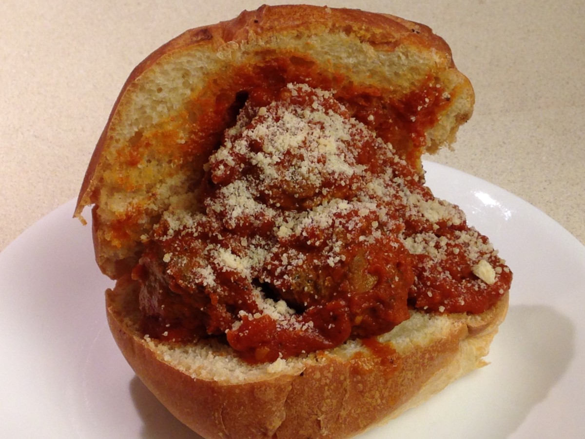 Meatball Sandwich made with frozen Schwan's Italian Meatballs simmered in Hunts Garlic and Herb Spaghetti Sauce