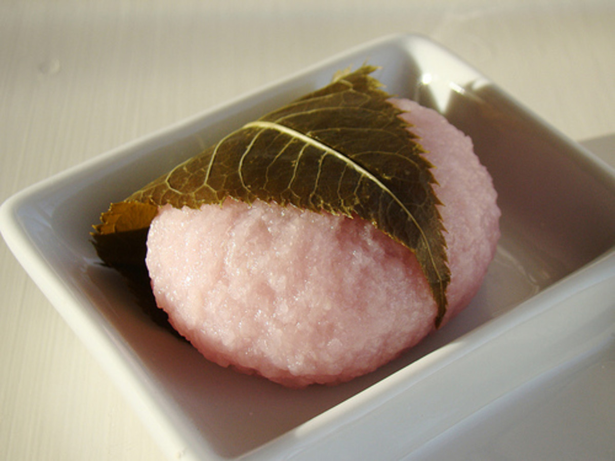 Mochi - Japanese Rice Cake Wrapped with Cherry Leaf (Photo courtesy by norwichnuts from Flickr.com)
