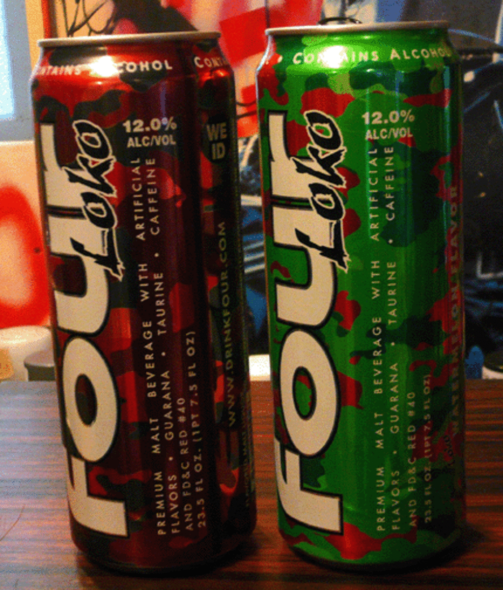 Four Loko alcoholic beverage with caffeine can contain 12% alcohol and is said to cause blackouts.