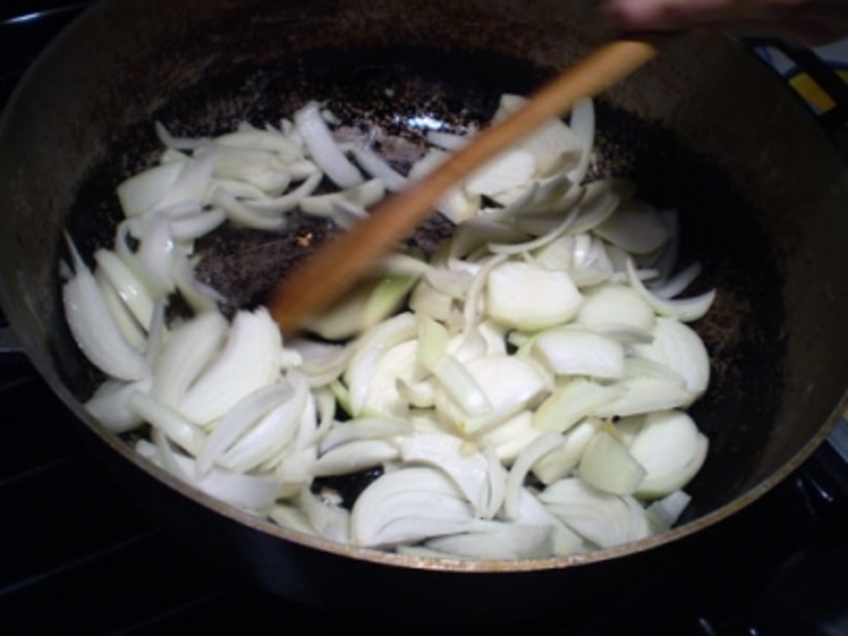 Place the onions in the pan and begin to fry