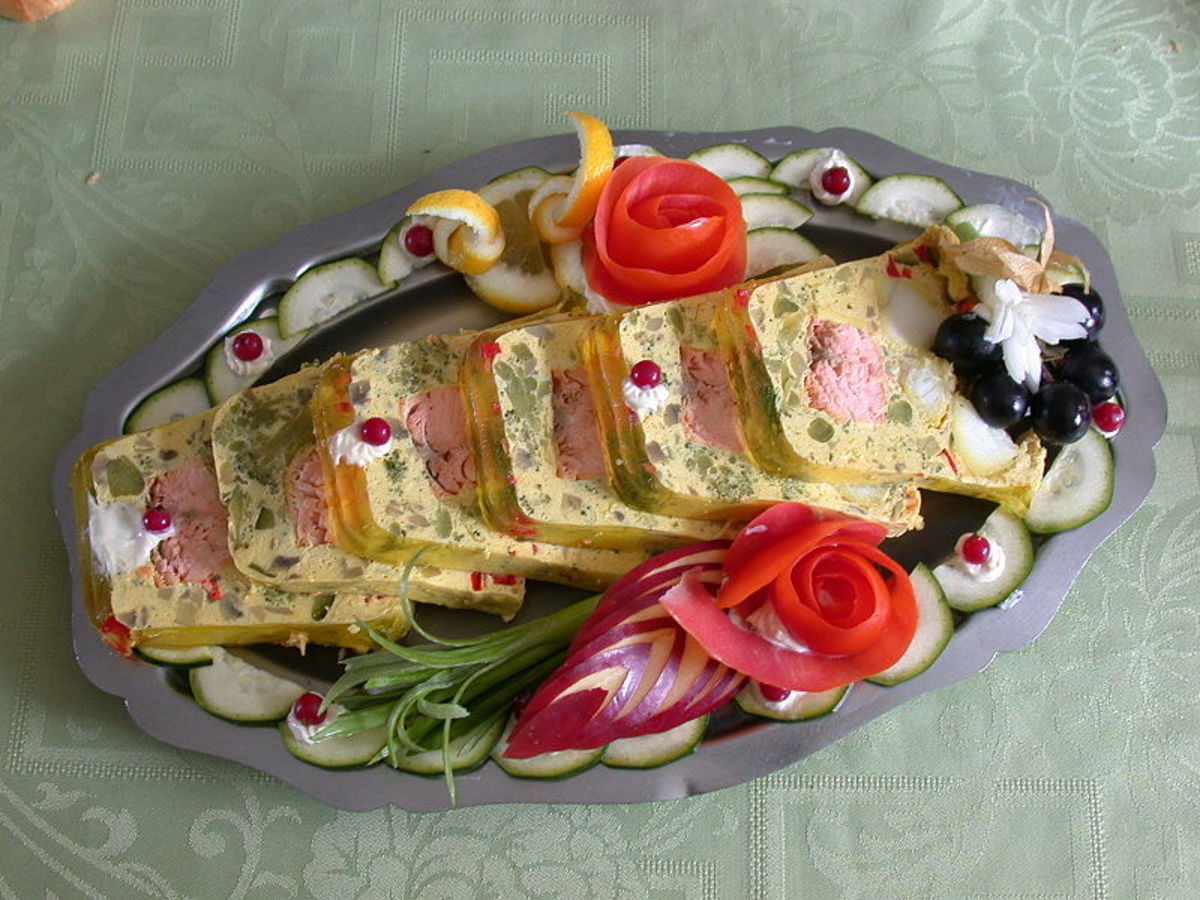 A French basil salmon terrine, with eye-appealing garnishes