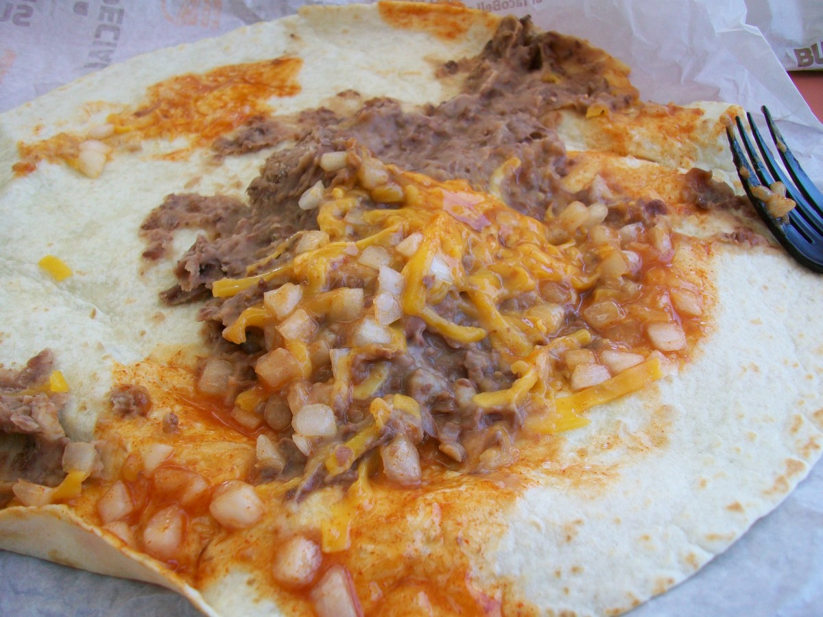 The delicious insides of a Taco Bell Bean burrito