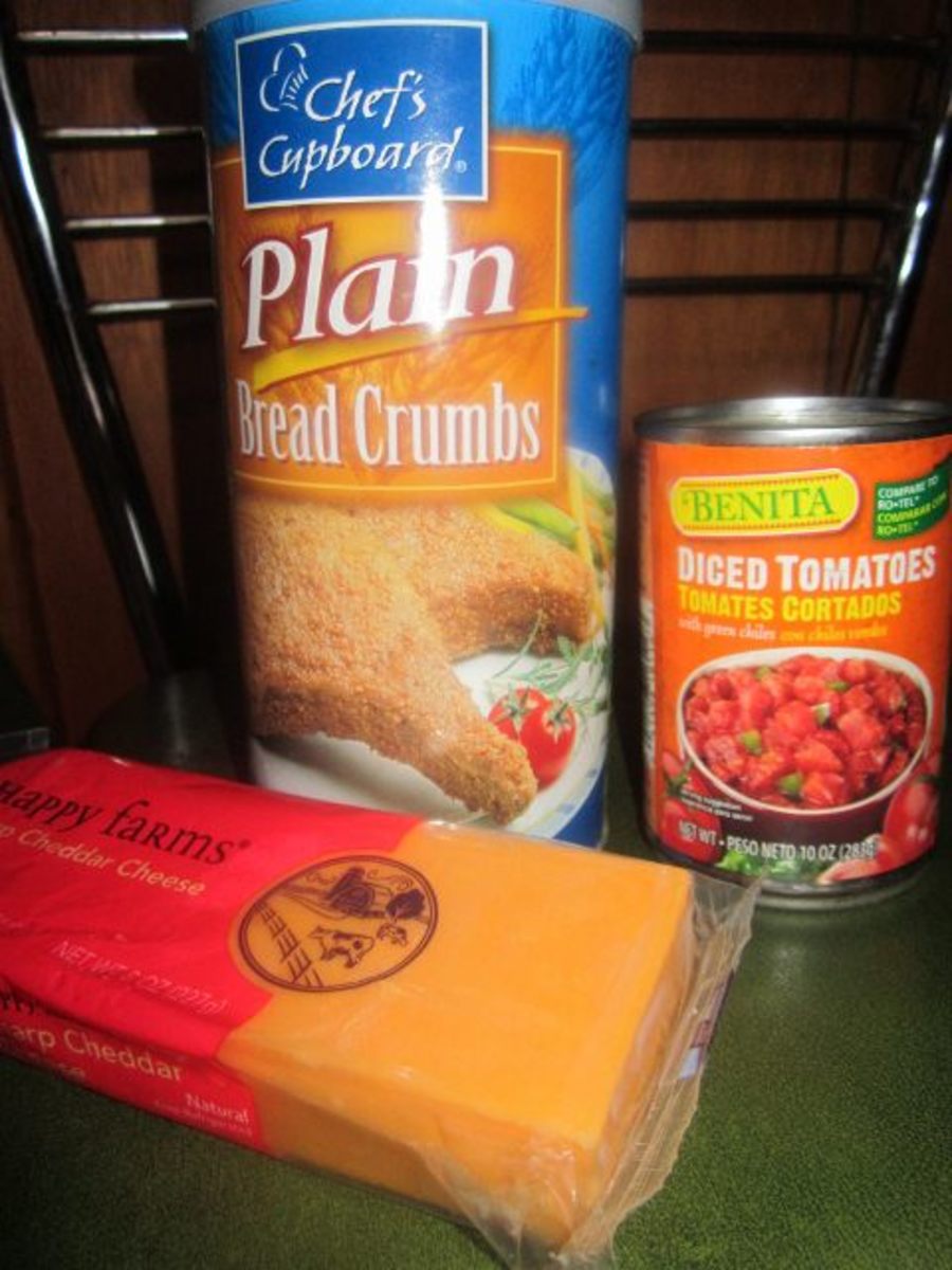 Possible ingredients: cheese, bread crumbs, diced tomatoes with green chilies