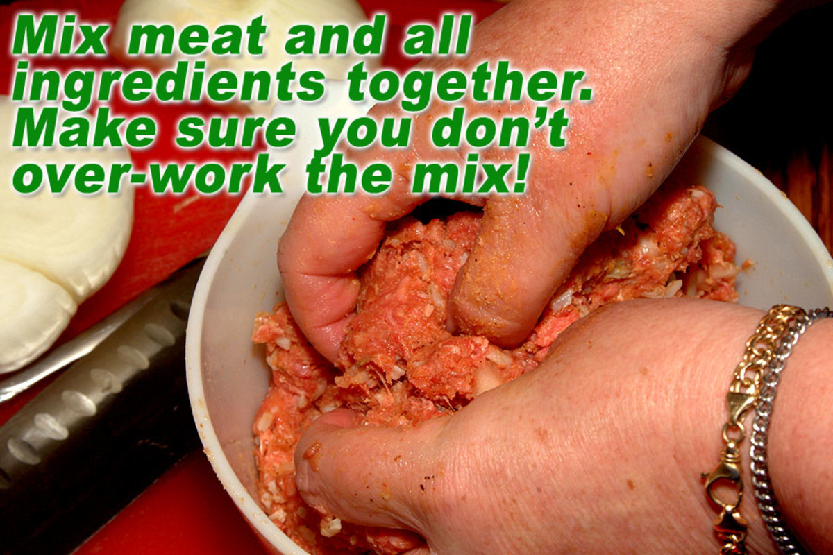 Add diced onions and blend mixture. Be careful NOT to overwork the meat or it can get tough and dry.