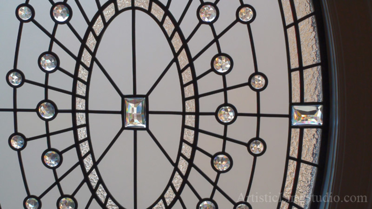 Leaded glass window with crystal jewels