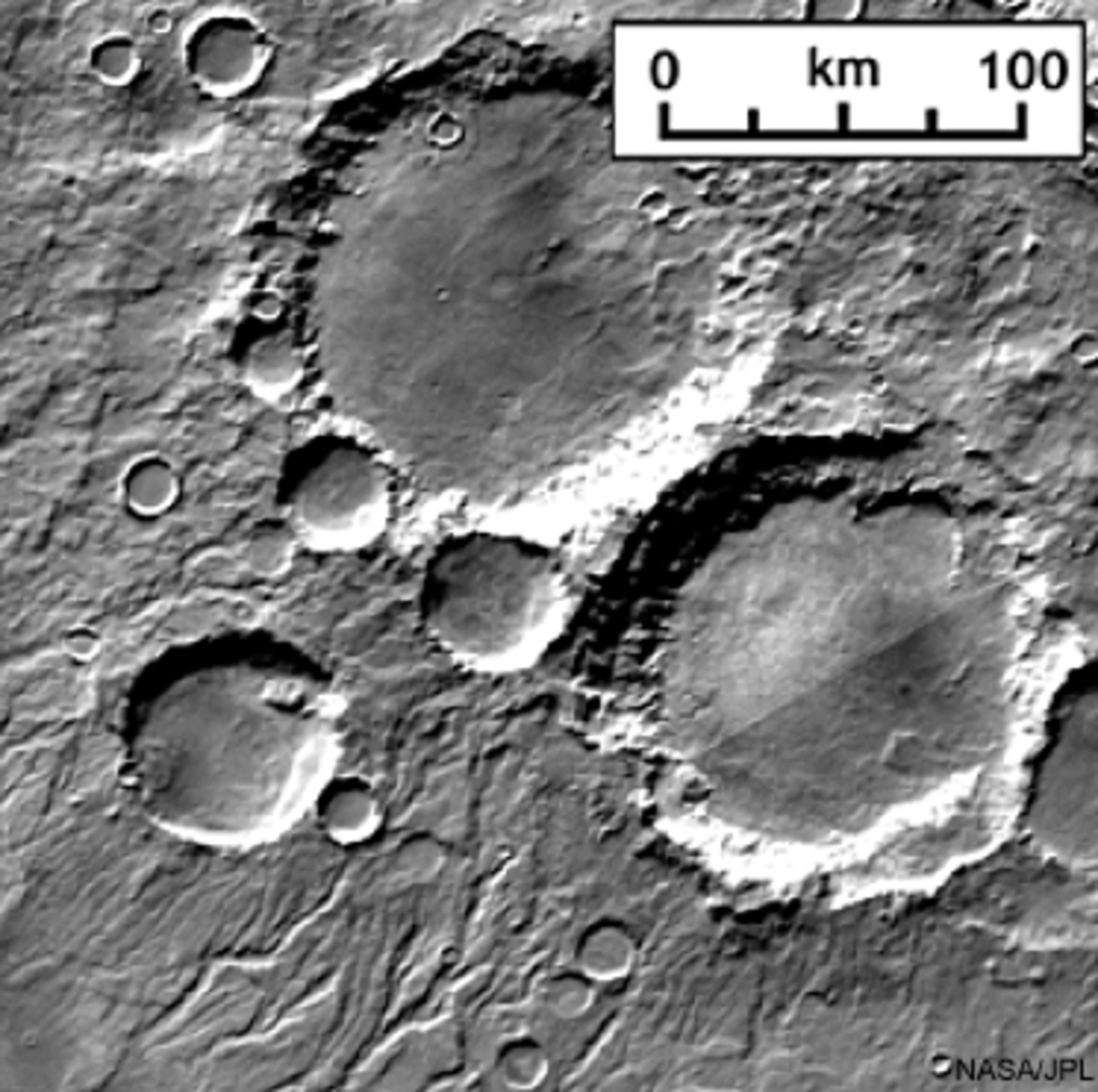 This photo of Mars shows craters and craters within craters along with evidence of water flow. Mars is close to the asteroid belt, so encounters are to be expected. The moon is also riddled with craters.