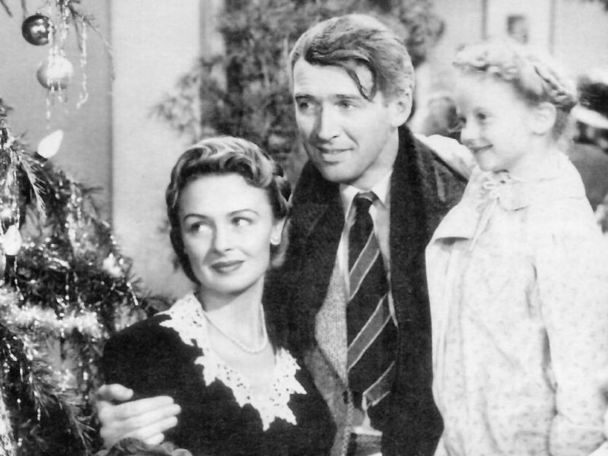 Scene from the motion picture "It's a Wonderful Life," starring Jimmy Stewart as the hero, and Donna Reed, as his love interest/wife.