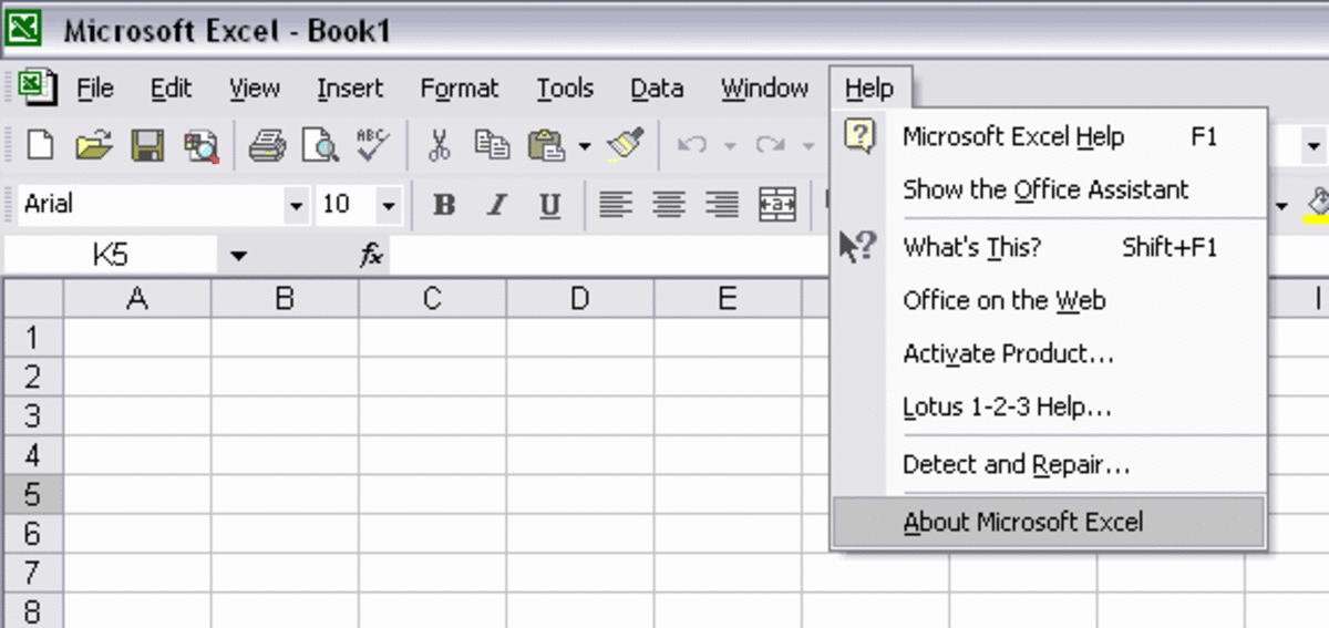 The Help Menu of Excel 2003