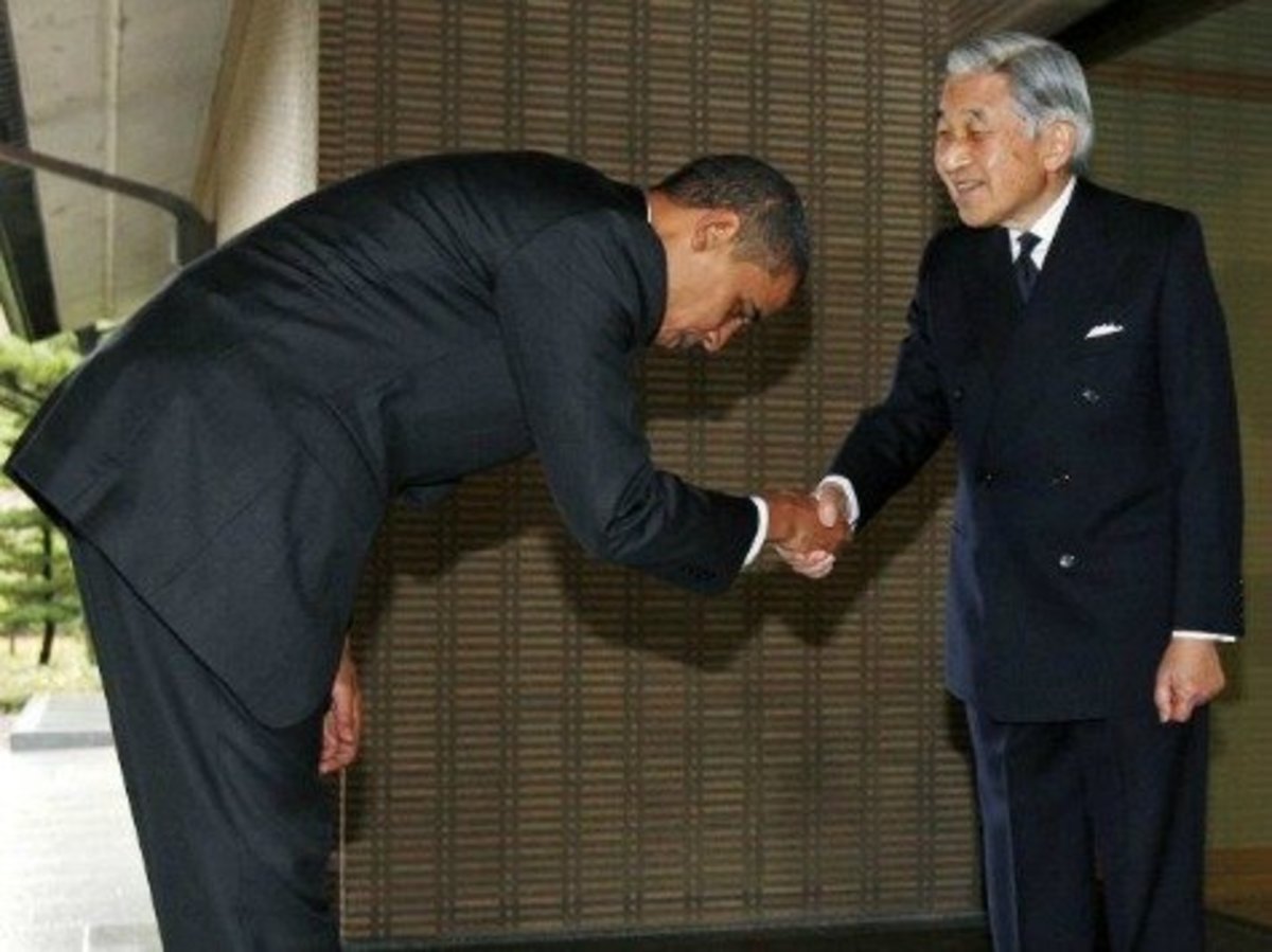 The longer and deeper the bow, the stronger the emotion and the respect expressed. Obama probably got a strong approval for his well performed bow, as a symbol of deep respect to Japanese emperor.