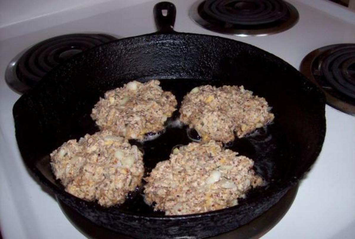 Here's oatmeal patties frying in a proper iron skillet from vegweb.com