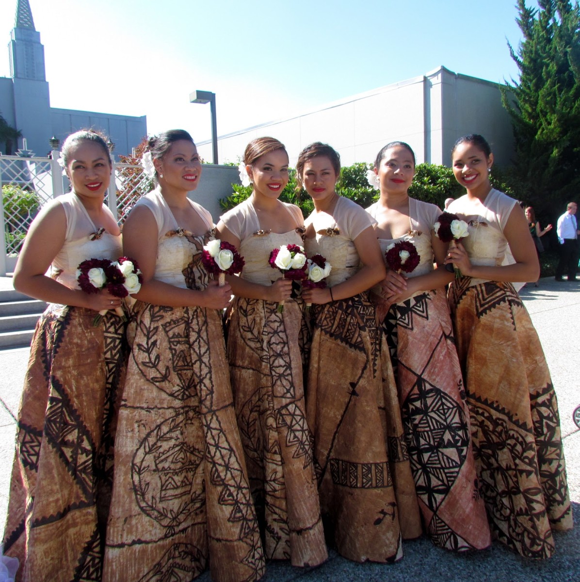 Bridesmaids with gorgeous tapa cloth skirts