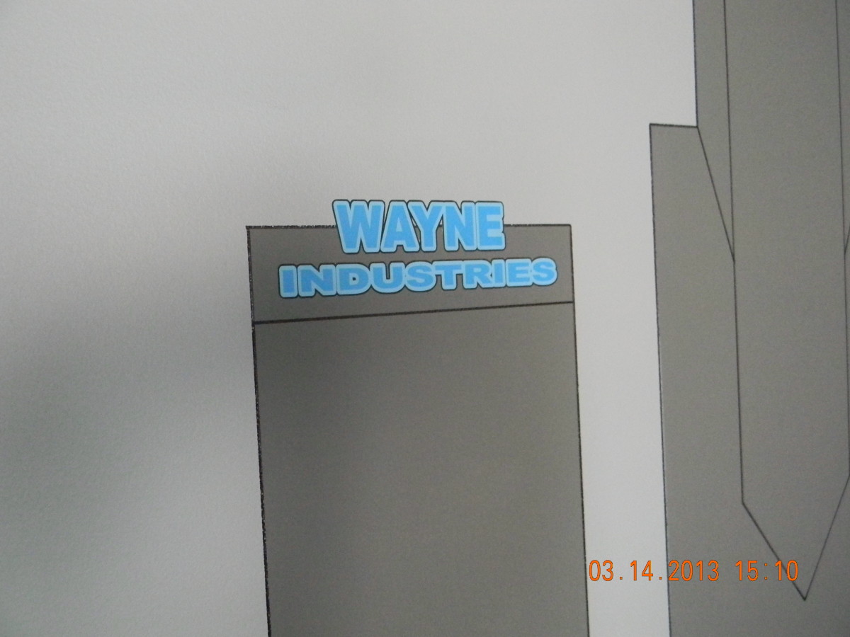 This is a closer look at Wayne Industries on the Gotham City skyline.