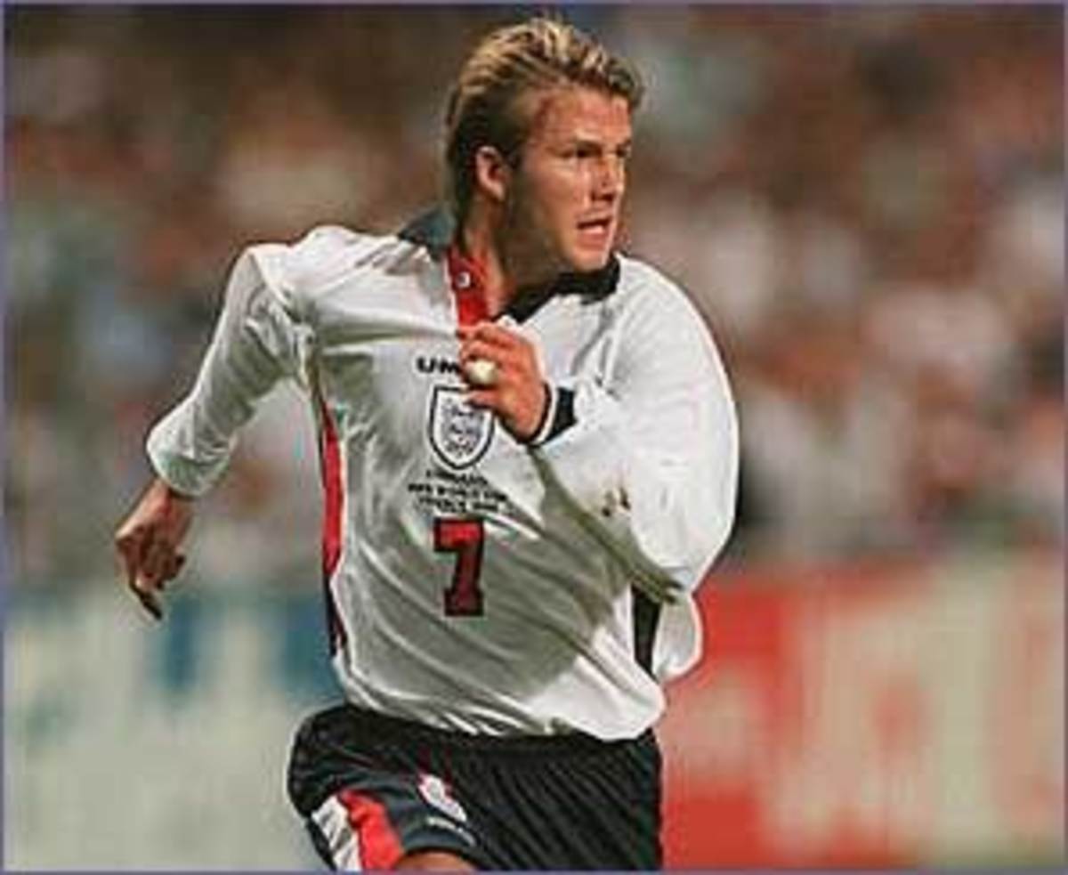 David Beckham wearing the 1998 World Cup England shirt