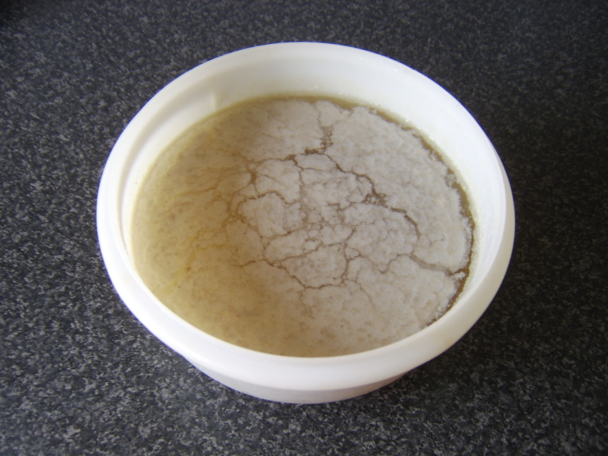 Fat and many other impurities have solidified on top of the chilled stock