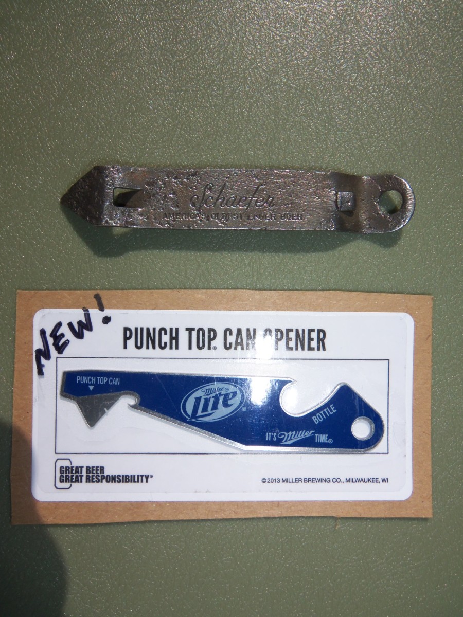 old 1962 Schaefer beer church key, and new 2013 Miller Lite punch top can opener