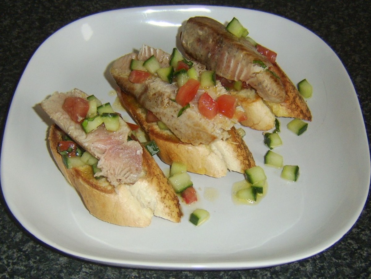 Seared tuna loin is served on a bed of salsa with bruschetta