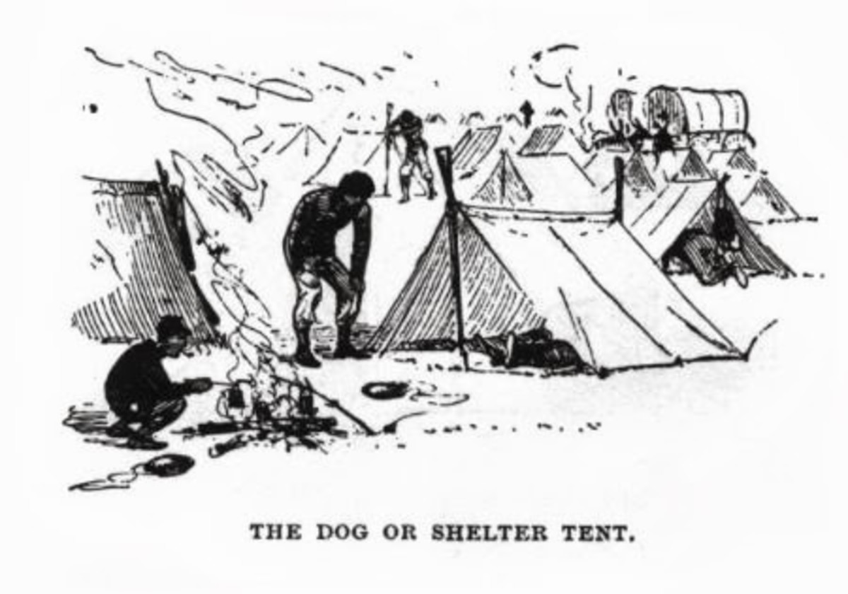 Illustration of Shelter Tents in camp. Note the muskets with fixed bayonets as tent poles