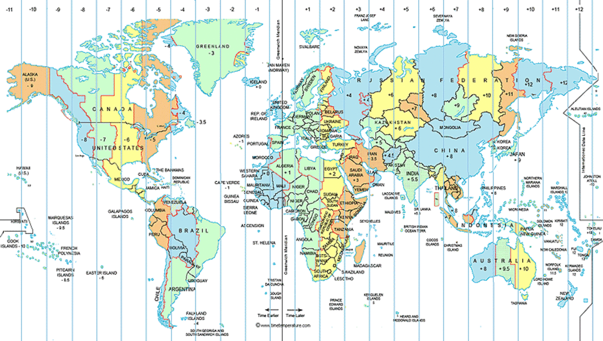 A world map showing all of the world's time zones from west to east