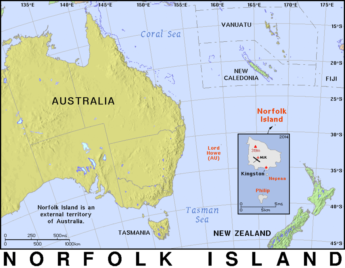 Map showing the location of Norfolk Island including an inset. 