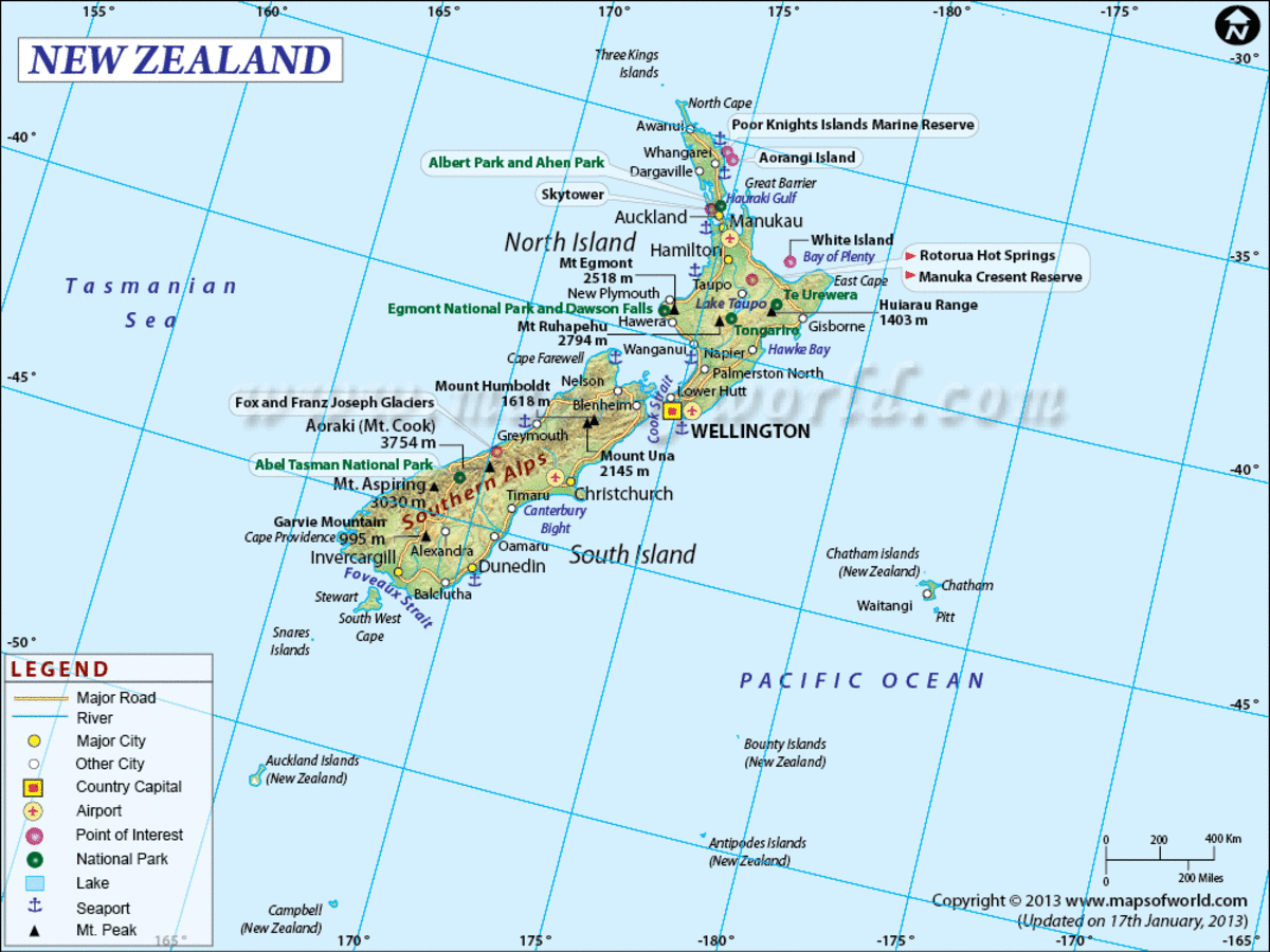 Map of New Zealand which also shows the Chatham Islands.