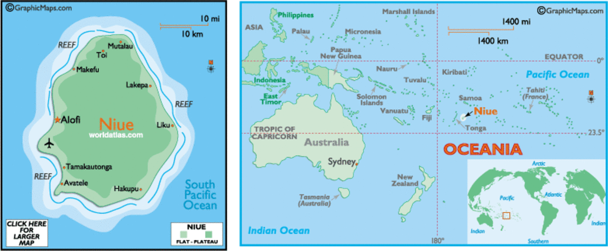 Map of Australia and the west Pacific Ocean showing the location of Niue, which follows the UTC - 11 time zone