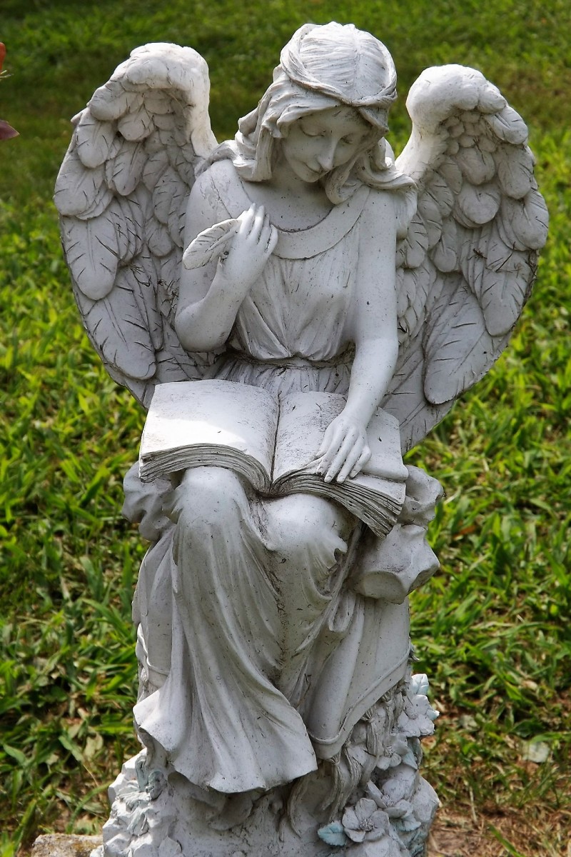A picture can act as a writing prompt. Why or what is the angel writing in the book?