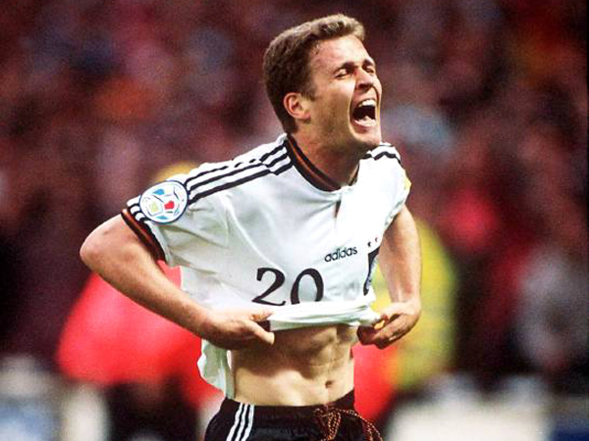 Oliver Bierhoff celebrates after scoring the winning goal to give Germany Euro 1996 against the Czech Republic in London.