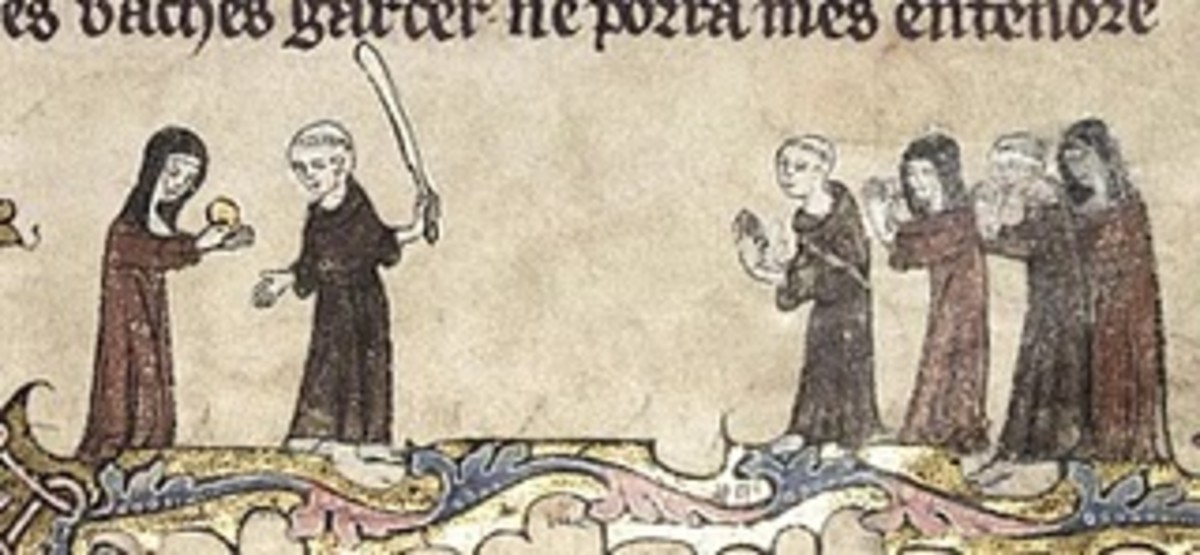 Monks and nuns playing a bat and ball game, most likely stoolball.