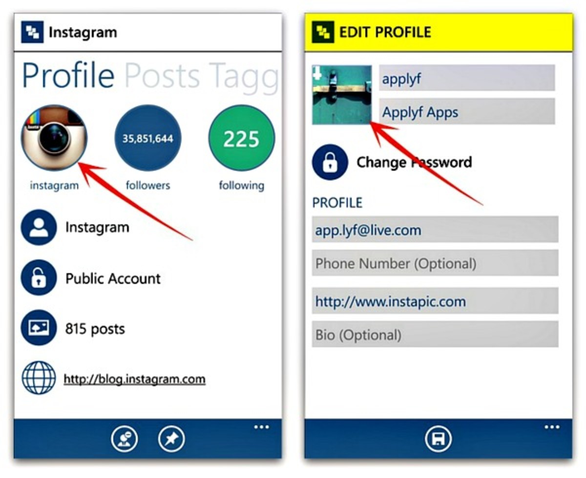 Two ways to change your Instagram profile picture on Windows Phone and Windows 8 and above desktop versions with InPic Instagram client