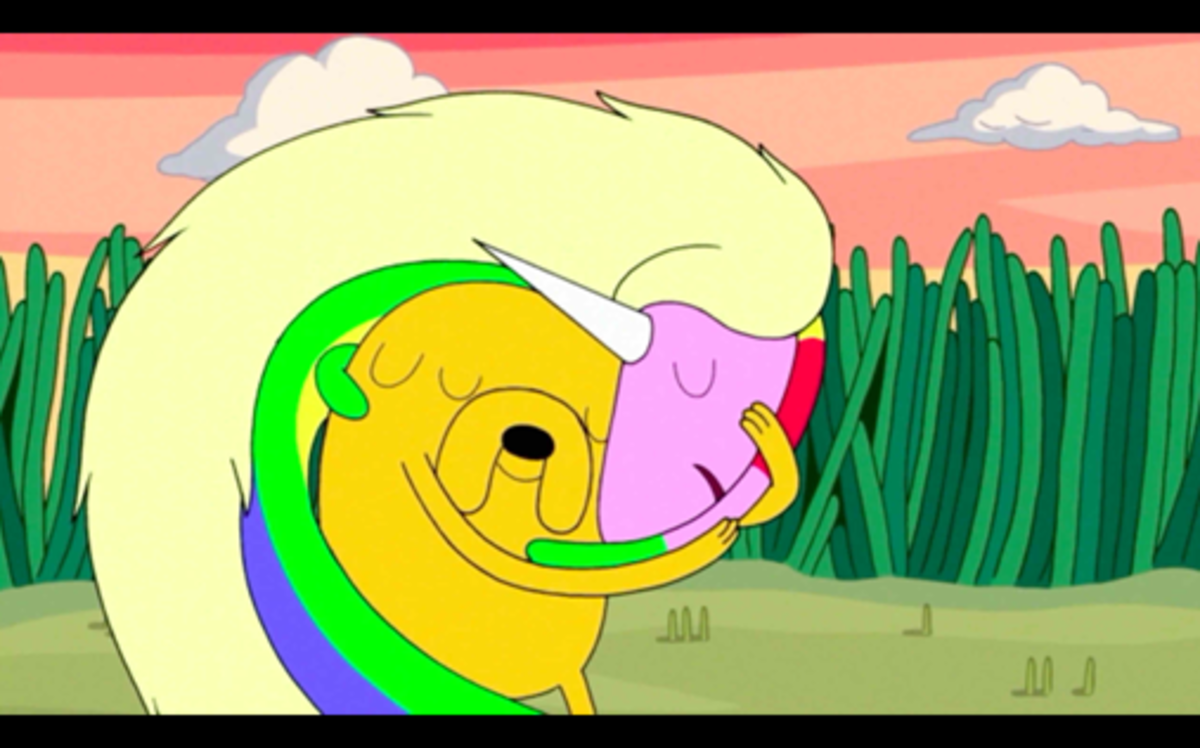 Jake and Lady Rainicorn from Adventure Time sharing a moment.