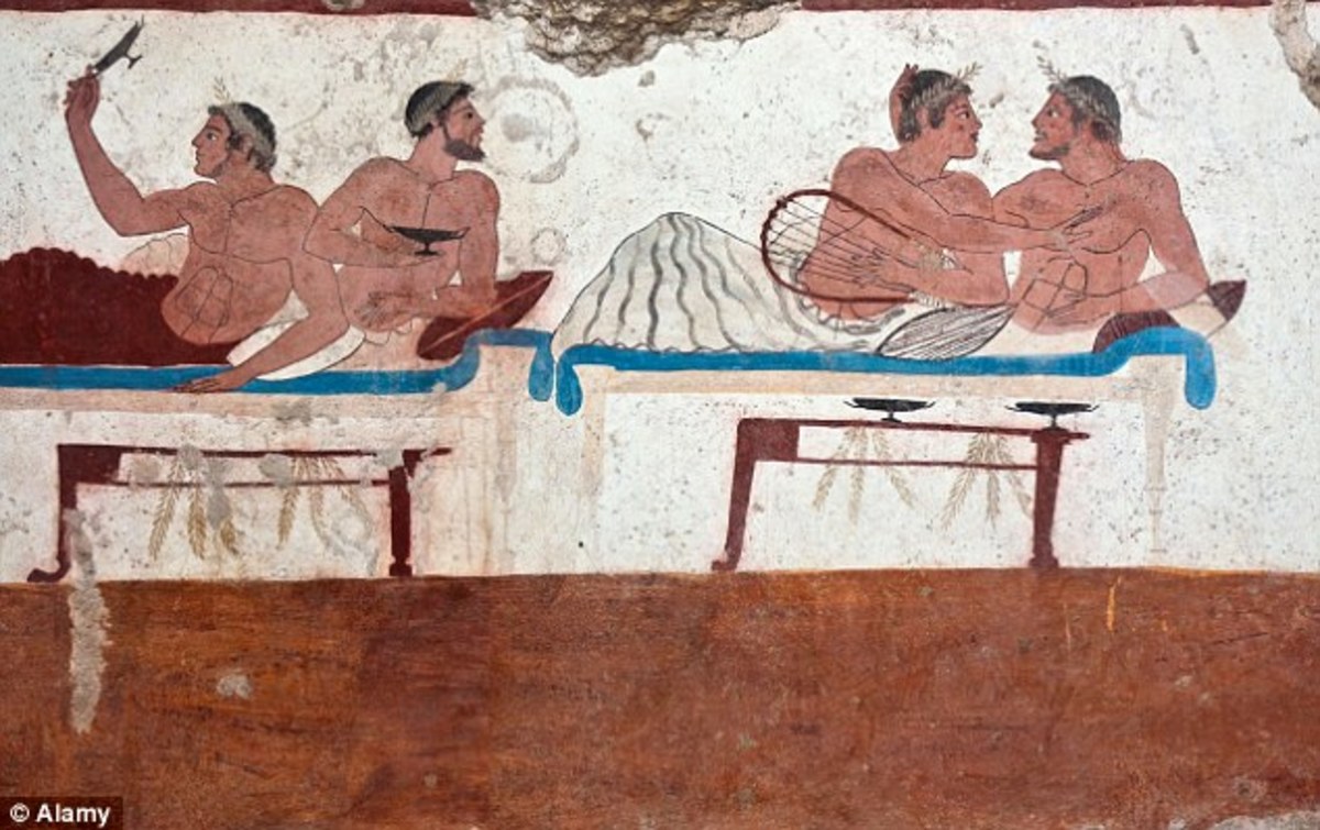 Kottabos is thought to have been played in ancient Greek parties when men would relax on couches in the andron, a male-only room for social events with food and wine. Pictured is the symposium scene from the Tomb of the Diver at Paestum, Italy