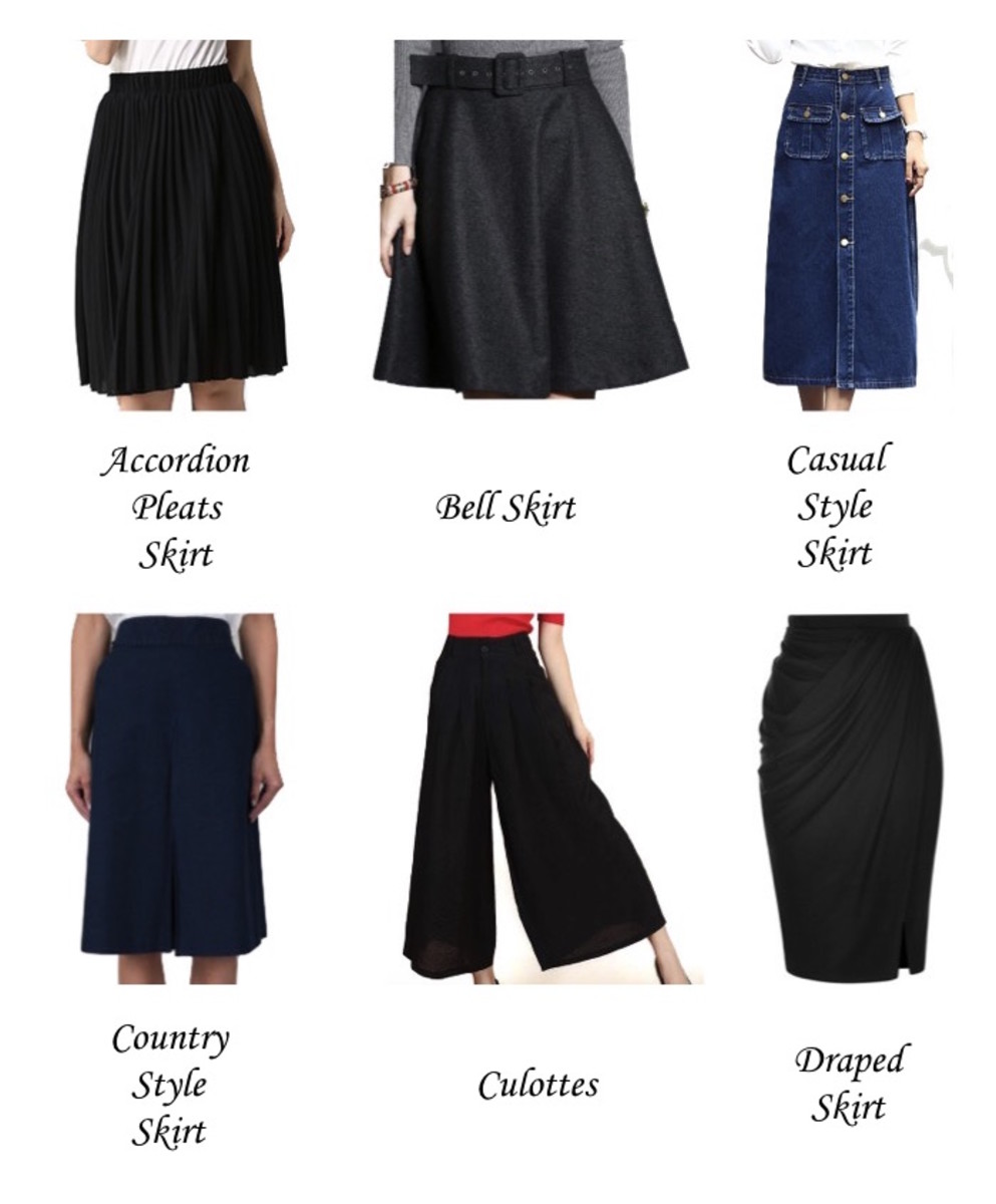 A-D skirt styles are shown above.