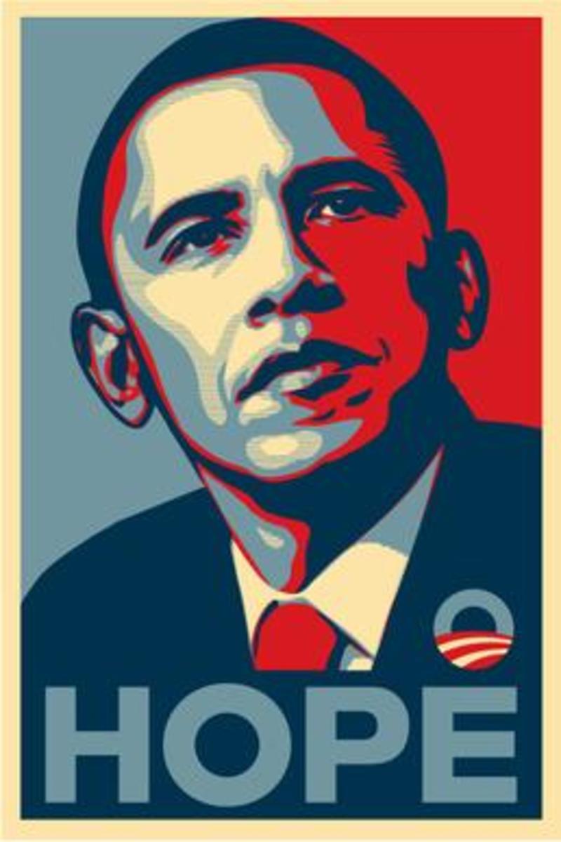 The widely distributed version of artist's Shepard Fairey's 2008 campaign Obama poster, featuring the word "hope". Other versions used the words "change" and "progress".