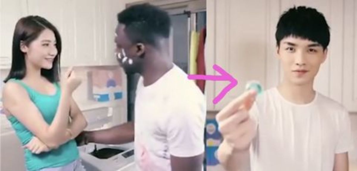 A controversial TV ad showing a dark skinned man being transformed into a light skinned guy.