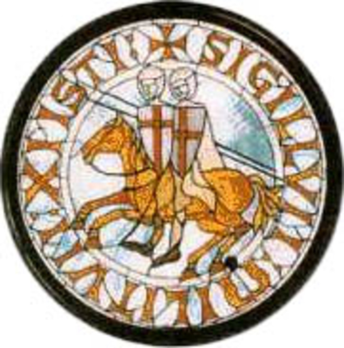 The seal of the Knights Templar, showing two knights on one horse, intended as an image of monastic humility. 