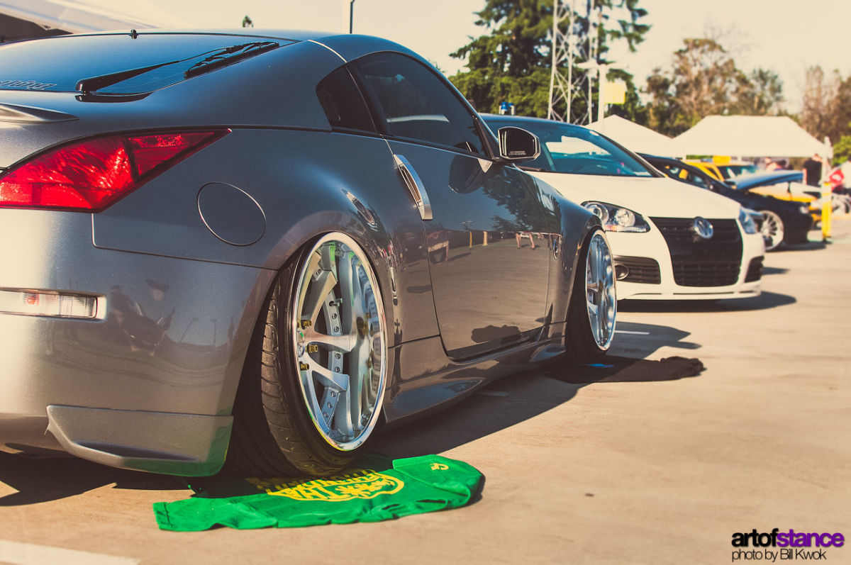 This Nissan 350Z is slightly different.  The wheel rim is slightly tucked under the rear fender.  This is a "mild" example of being flush and tucked.