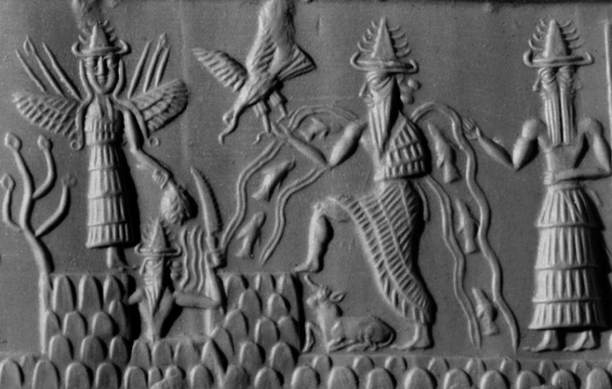 Four Sumerian gods, including (left to right), Inanna, Utu, Enki (the sea god who warned Atrahasis), and Isimud (Enki's assistant).