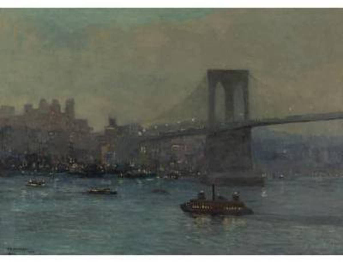 Near night time in the 1880's near the recently completed Brooklyn Bridge. 