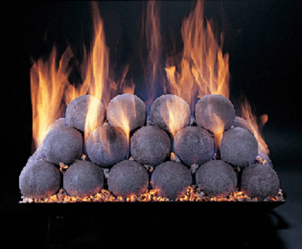 gas fireplace fire balls that look like old fashioned cannon balls on fire.